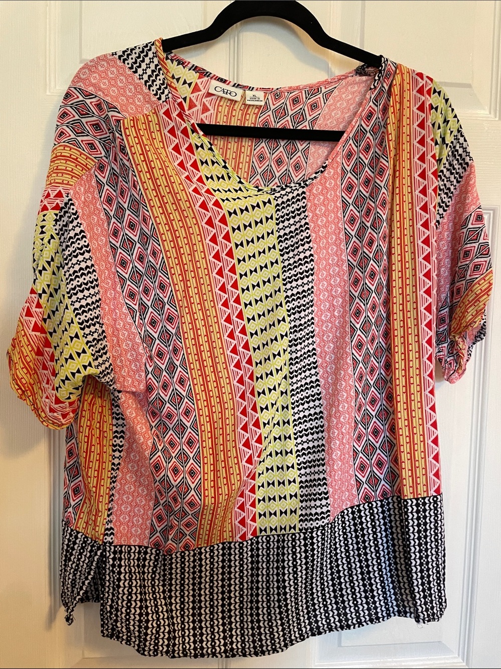 Cato Pink Yellow Black Patterned Short Sleeve Top